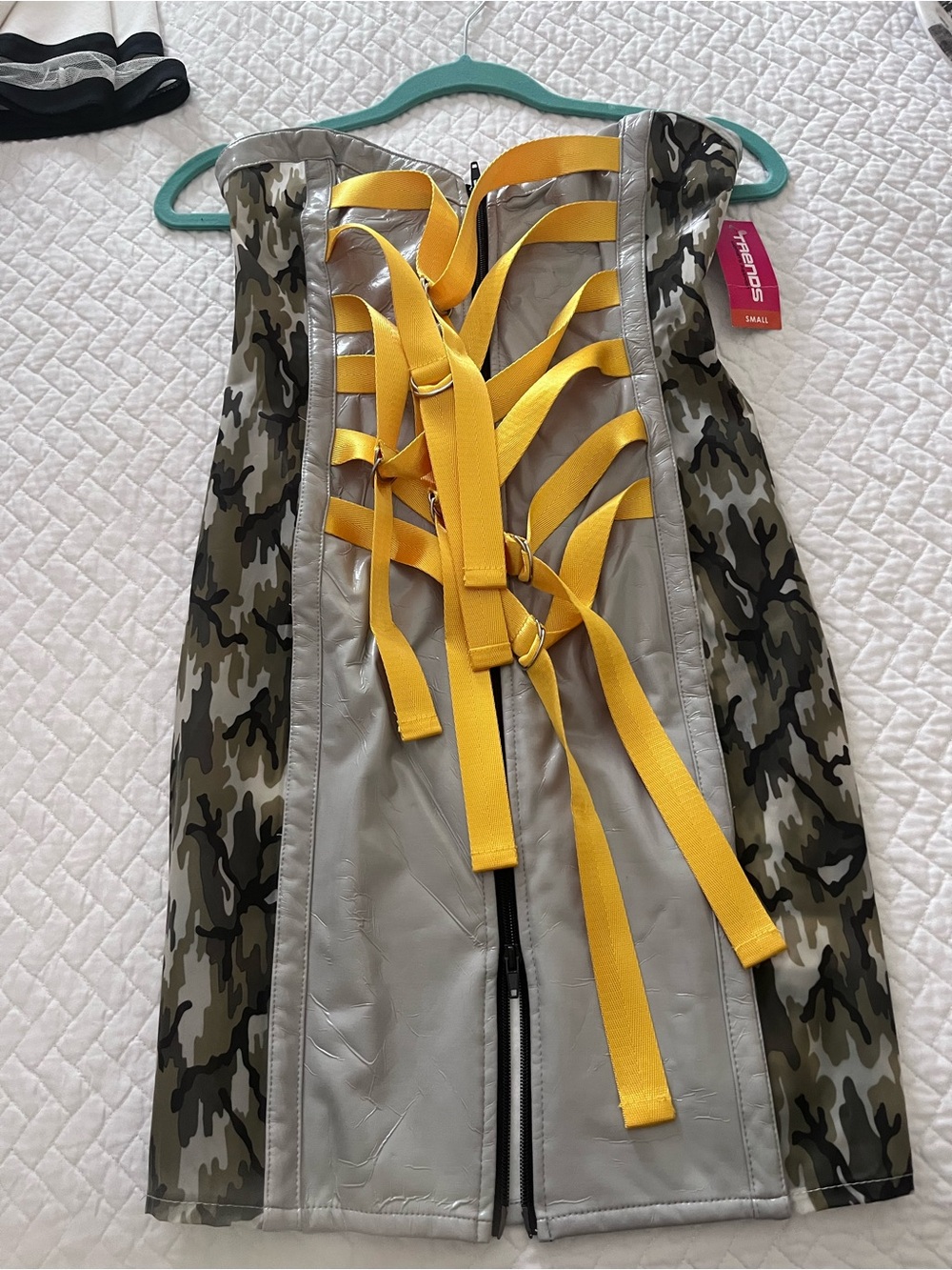 Camo Panel Strap-Front Dress with Yellow Straps PVC SZ S